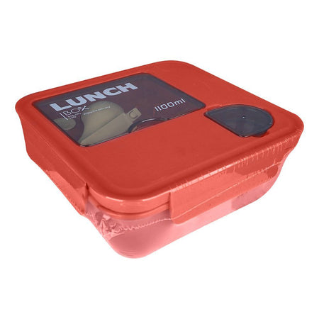 Plastic Lunch Box With Spoon, 1100ml Capacity, Red, 5.1in (H) x 5.1in (W) x 2in (D), 53002 - Main Image