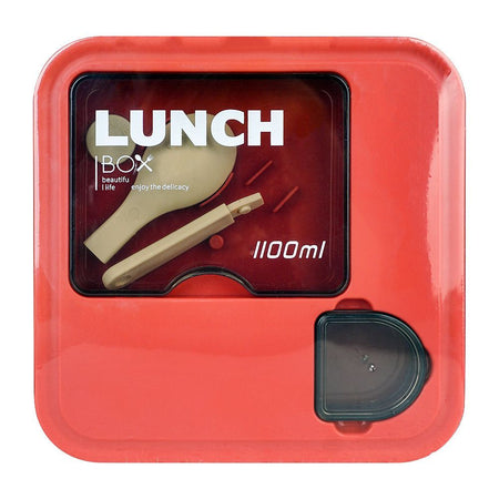 Plastic Lunch Box With Spoon, 1100ml Capacity, Red, 5.1in (H) x 5.1in (W) x 2in (D), 53002 - Image 3