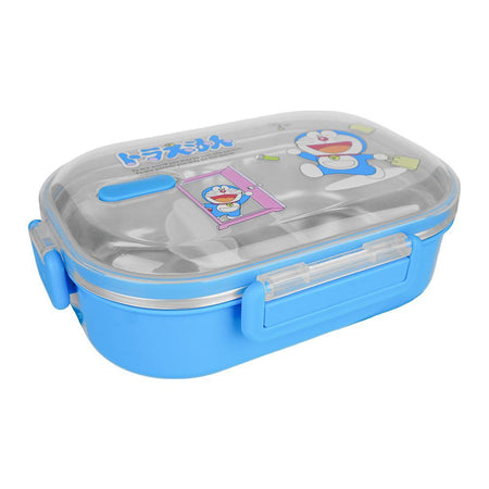Stainless Steel 2 Partitions Lunch Box With Spoon, 7.3in (H) x 4.7in (W) x 2in (D), Doraemon - Main Image