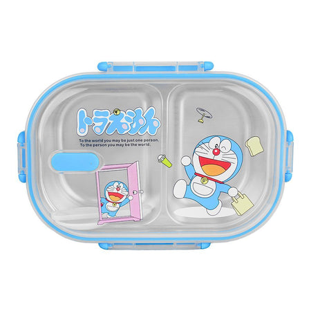 Stainless Steel 2 Partitions Lunch Box With Spoon, 7.3in (H) x 4.7in (W) x 2in (D), Doraemon - Image 2