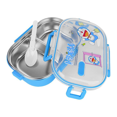 Stainless Steel 2 Partitions Lunch Box With Spoon, 7.3in (H) x 4.7in (W) x 2in (D), Doraemon - Image 4