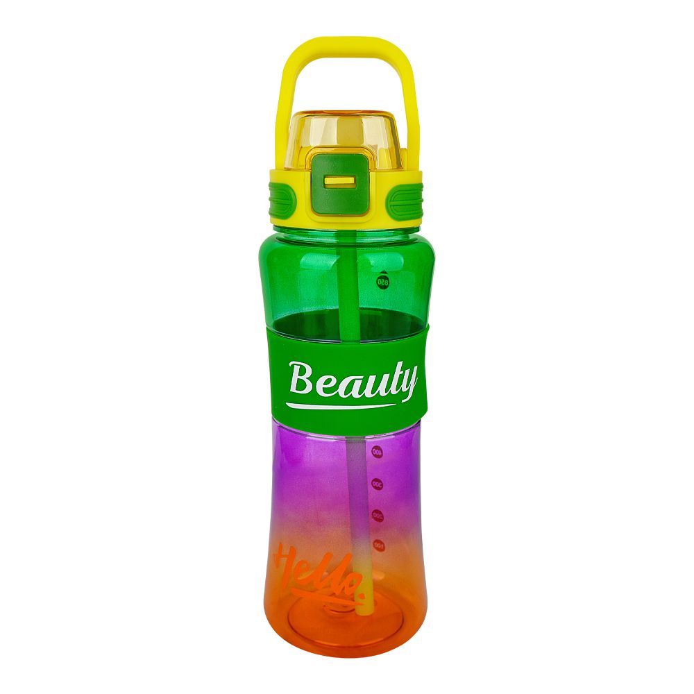 Trendy Hello Beauty Plastic Water Bottle With Straw & Easy to Carry Handle, One Click Open, 7.7in (H) x 2.8in (W), Green - Main Image