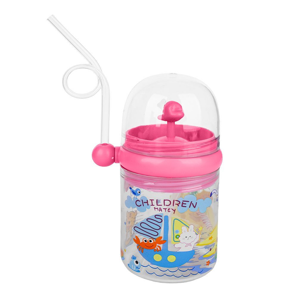 Children's Pot Plastic Water Flask With Fancy Straw For Kids, 250ml, 3.9in (H) x 3in (W), Pink - Main Image