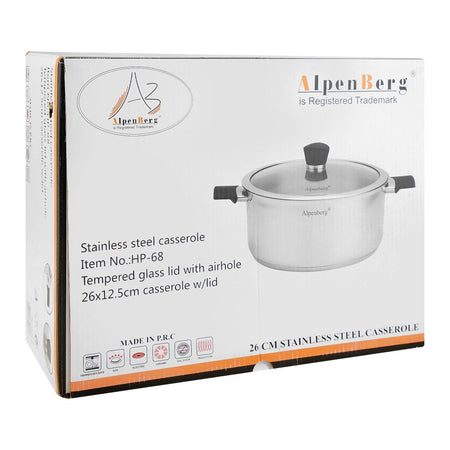 Alpen Berg 26cm Stainless Steel Low Casserole Cooking Pot with Glass Lid, HP68 - Image 3
