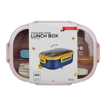 Homeatic Stainless Steel Lunch Box With Cutlery, 850ml, 6.9in (H) x 3.7in (W) x 2.4in (D), Pink, HMT-007 - Main Image