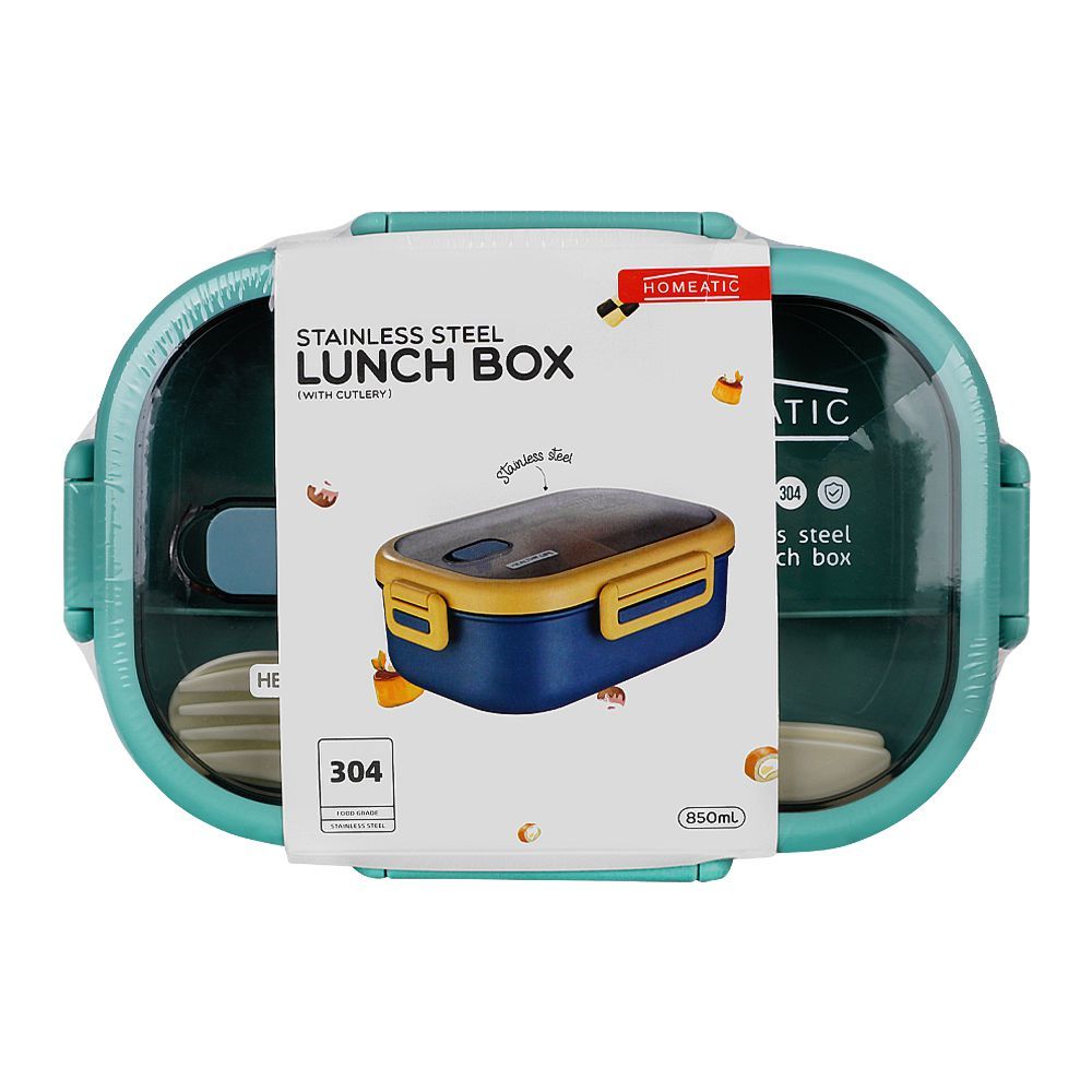 Homeatic Stainless Steel Lunch Box With Cutlery, 850ml, 6.9in (H) x 3.7in (W) x 2.4in (D), Green, HMT-007 - Main Image
