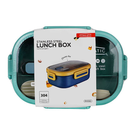 Homeatic Stainless Steel Lunch Box With Cutlery, 850ml, 6.9in (H) x 3.7in (W) x 2.4in (D), Green, HMT-007 - Main Image