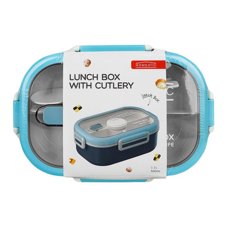 Homeatic Plastic Lunch Box With Cutlery, 1100ml, 6.9in (H) x 3.7in (W) x 2.4in (D), Blue, HMT-008 - Main Image