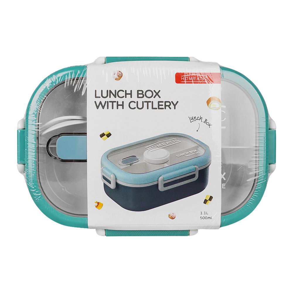 Homeatic Plastic Lunch Box With Cutlery, 1100ml, 6.9in (H) x 3.7in (W) x 2.4in (D), Green, HMT-008 - Main Image