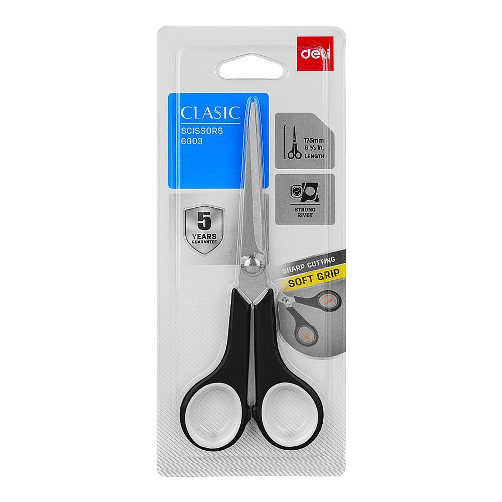 Deli 6.5''Inch Metal Office Scissor, 175mm Length, Soft grip, Sharp Cutting, Black, E6003 - Main Image