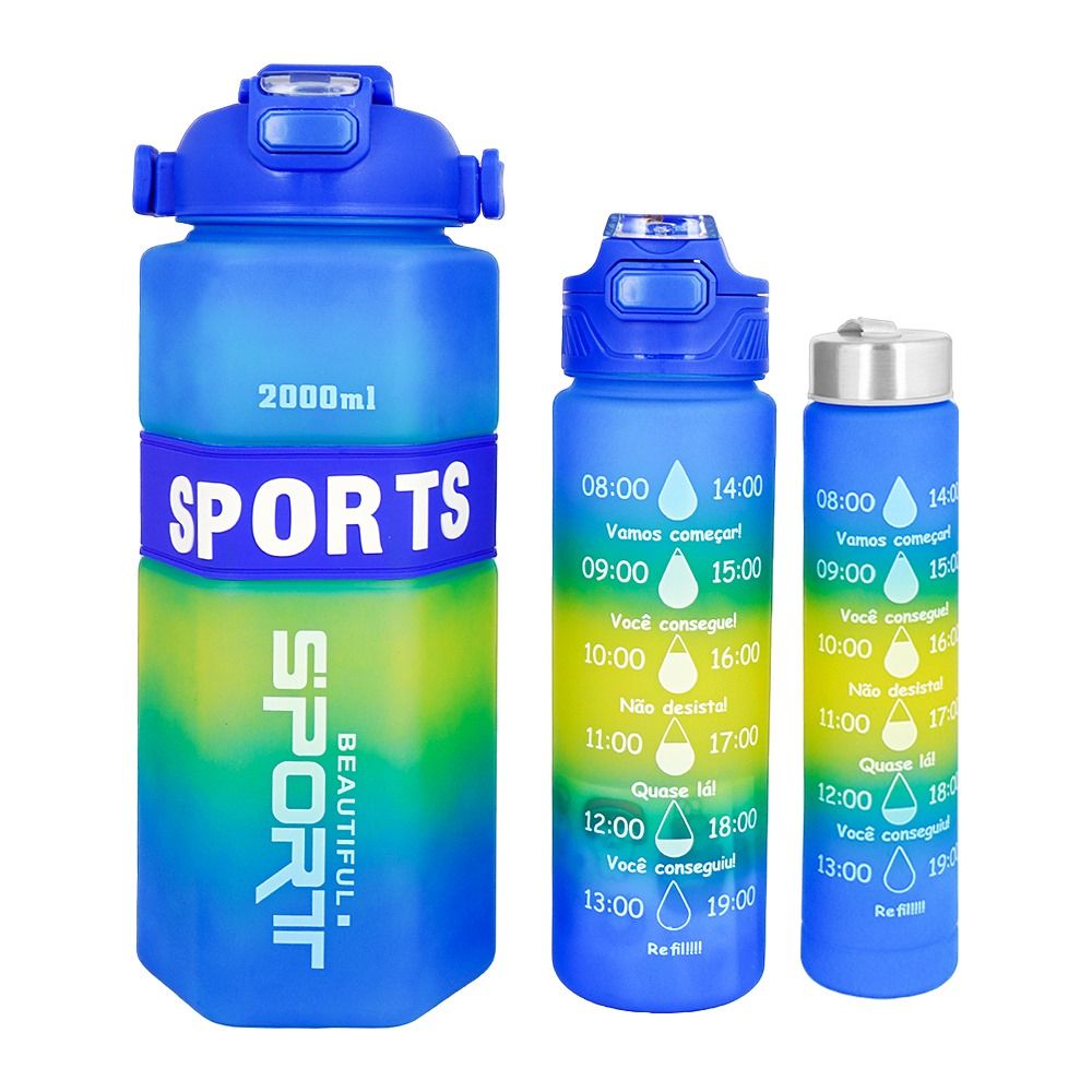 AJF Set of 3 Sports BPA-Free Water Bottles with Time Marker - 2000ml, 800ml & 280ml, Blue - Main Image