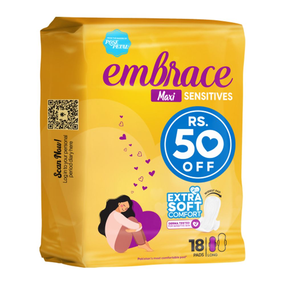 Embrace Maxi Sensitive Pads, Long, Value Pack, 18-Pack, Rs.50/- Off - Main Image