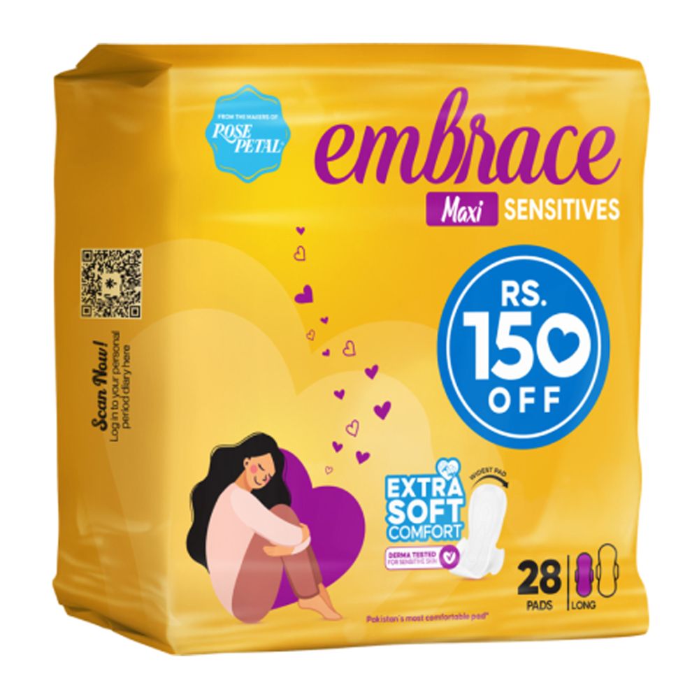 Embrace Sensitive Maxi Pads, Long, Trio Pack, 28-Pack, Rs.150/- Off - Main Image