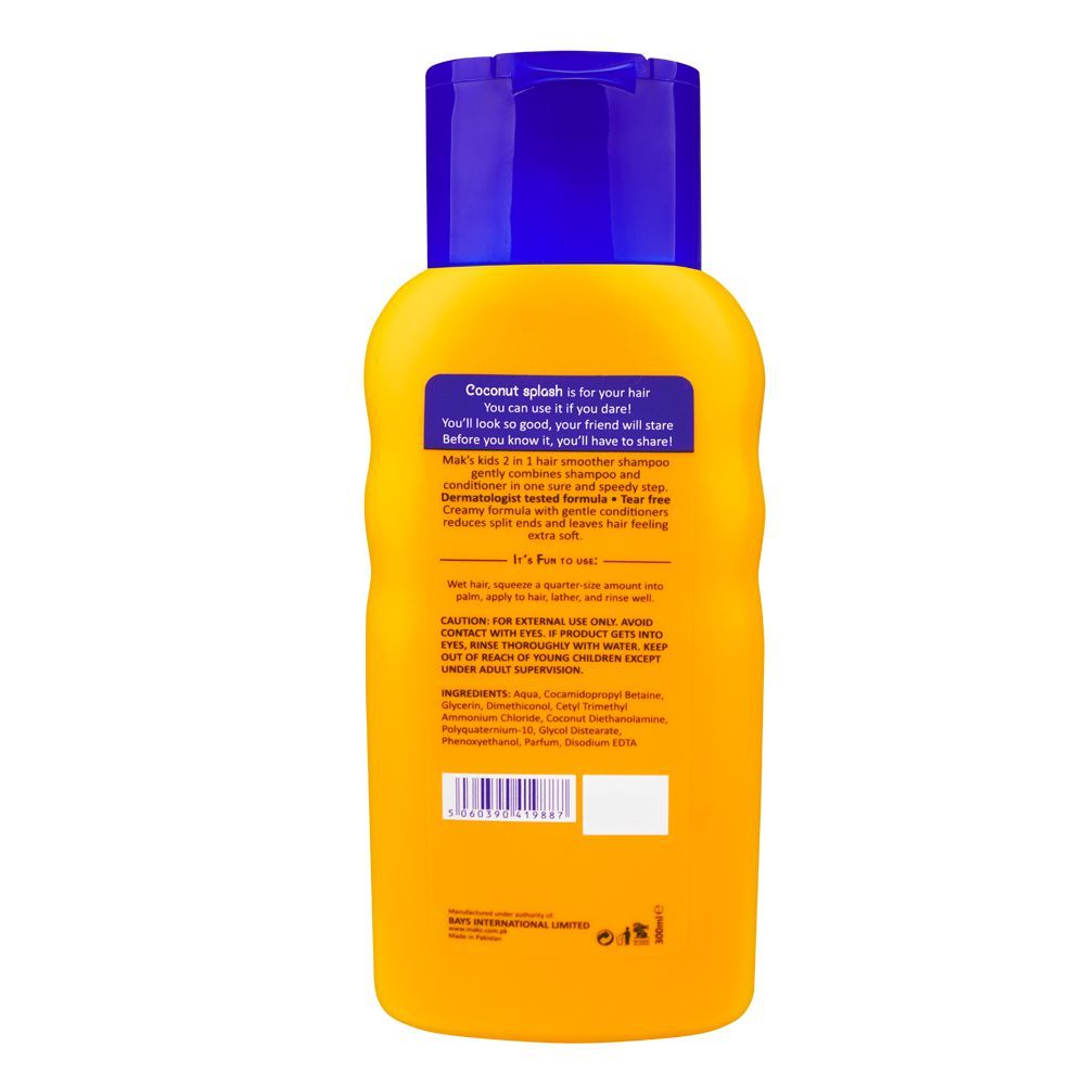 Mak's Kids Smoothing Coconut Splash 2in1 Shampoo & Conditioner, 0% Parabens, Dermatologist-Tested, Tear Free, 300ml - Image 2