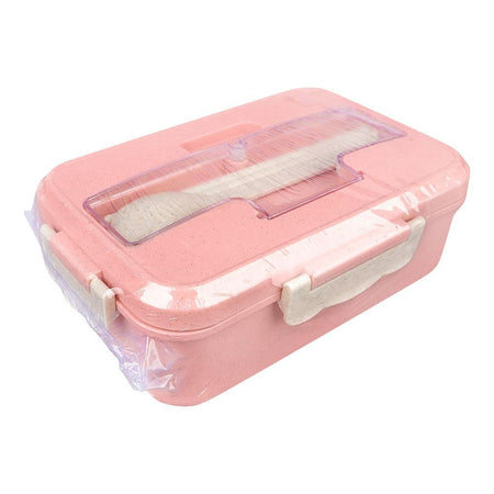 Plastic Lunch Box With Cutlery, Pink, 2.2in (H) x 6.5in (W) x 3.9in (D), (SH-203) 0001004 - Main Image