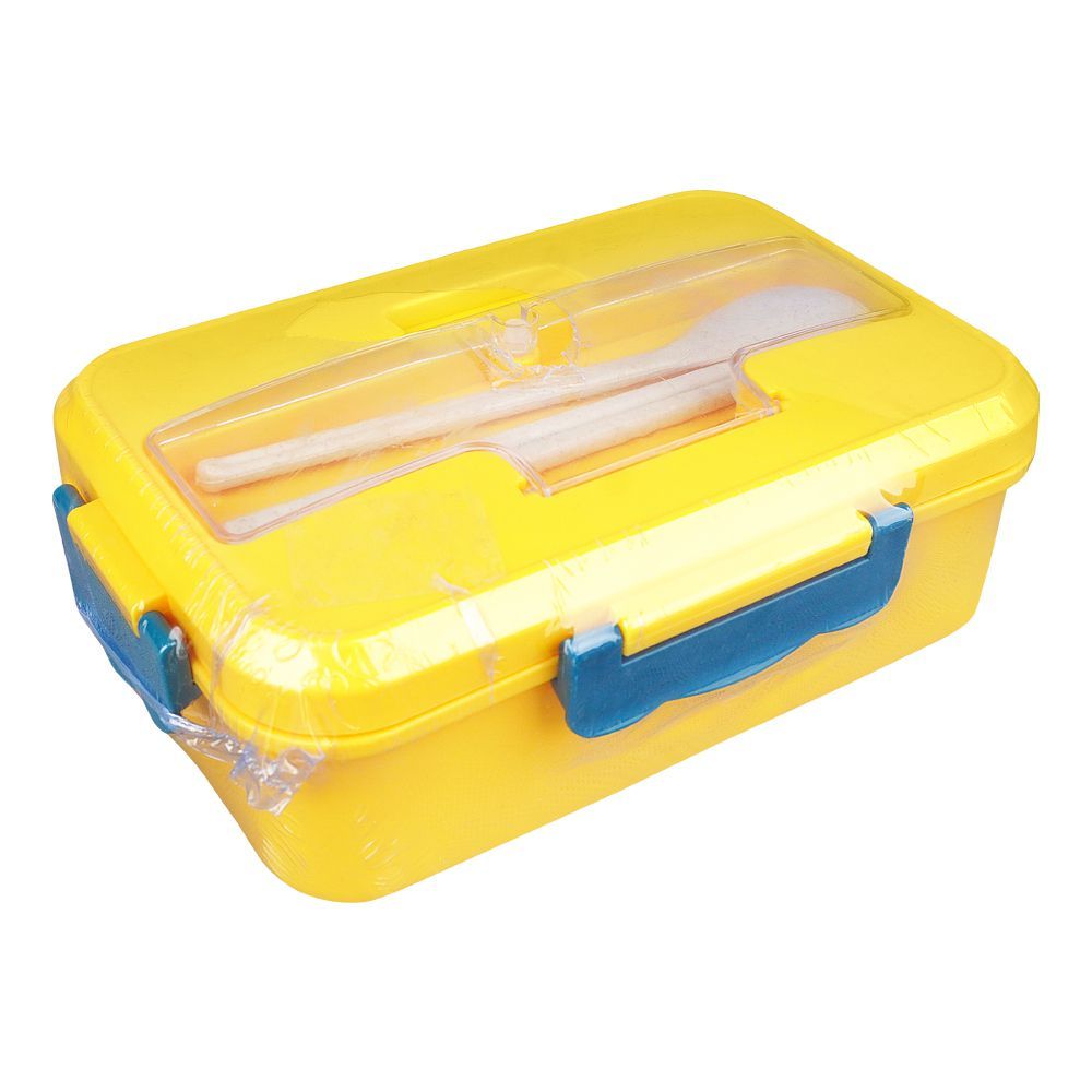 Plastic Lunch Box With Cutlery, Yellow, 2.2in (H) x 6.5in (W) x 3.9in (D), (SH-203) 0001004 - Main Image