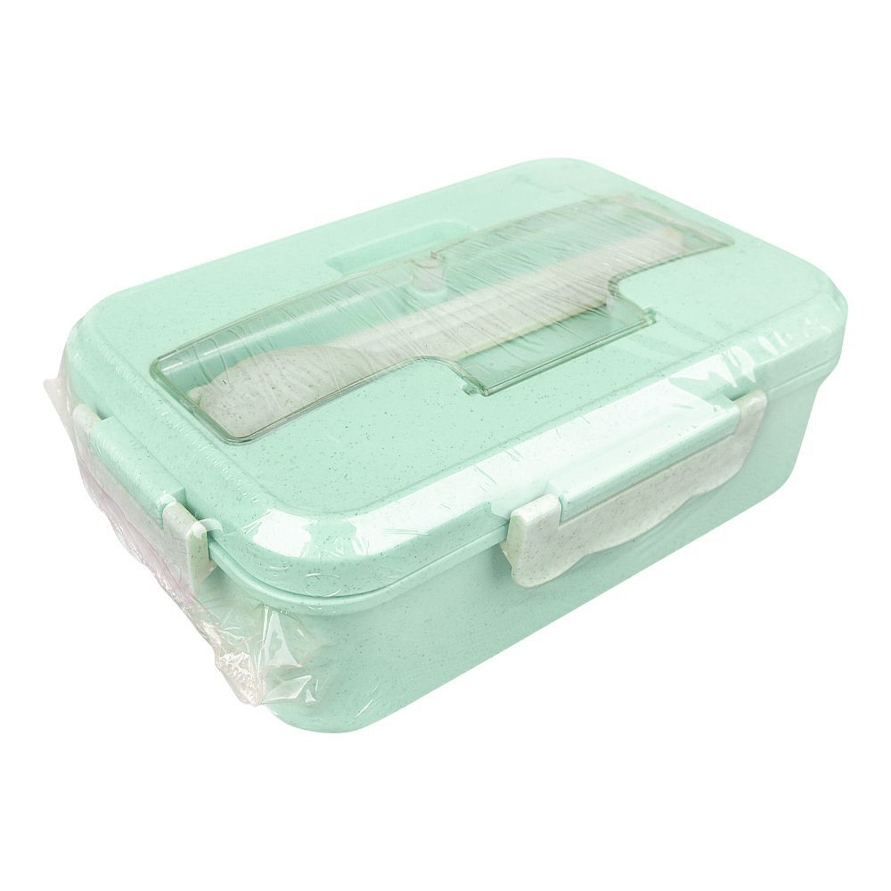 Plastic Lunch Box With Cutlery, Green, 2.2in (H) x 6.5in (W) x 3.9in (D), (SH-203) 0001004 - Main Image
