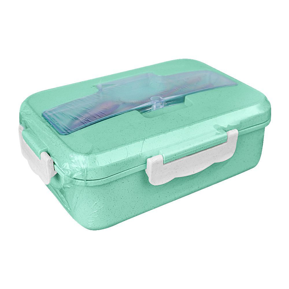Plastic Lunch Box With Metal Cutlery, Green, 2.2in (H) x 6.5in (W) x 3.9in (D), (SH-203) 0001004 - Main Image