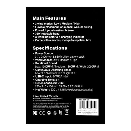 Camelion Rechargeable Mini Fan, 3 Wind Modes, 2050RM, Ultra-Silent, USB-C Input, Rotatable, REF-001 - Image 4