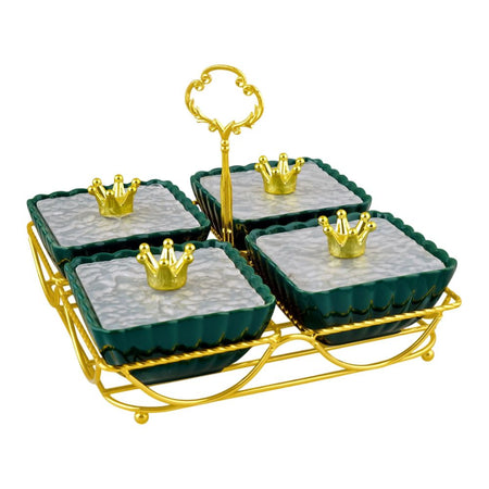 Bhoja 4 Compartments Snack Serving Bowl Set with Stand, For Candy, Nuts, Dips & More, Green, ZQ-027G- - Image 2