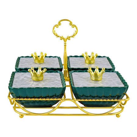 Bhoja 4 Compartments Snack Serving Bowl Set with Stand, For Candy, Nuts, Dips & More, Green, ZQ-027G- - Image 3