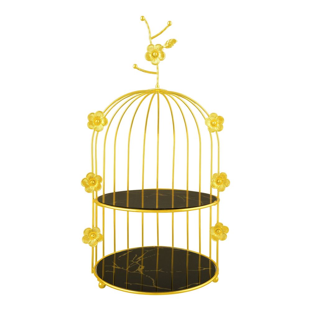Bhoja 2-Tier Bird Cage Serving Tray, Decorative Dessert Stand for High Tea & Parties, Black & Golden Marble, JWG-019 - Main Image