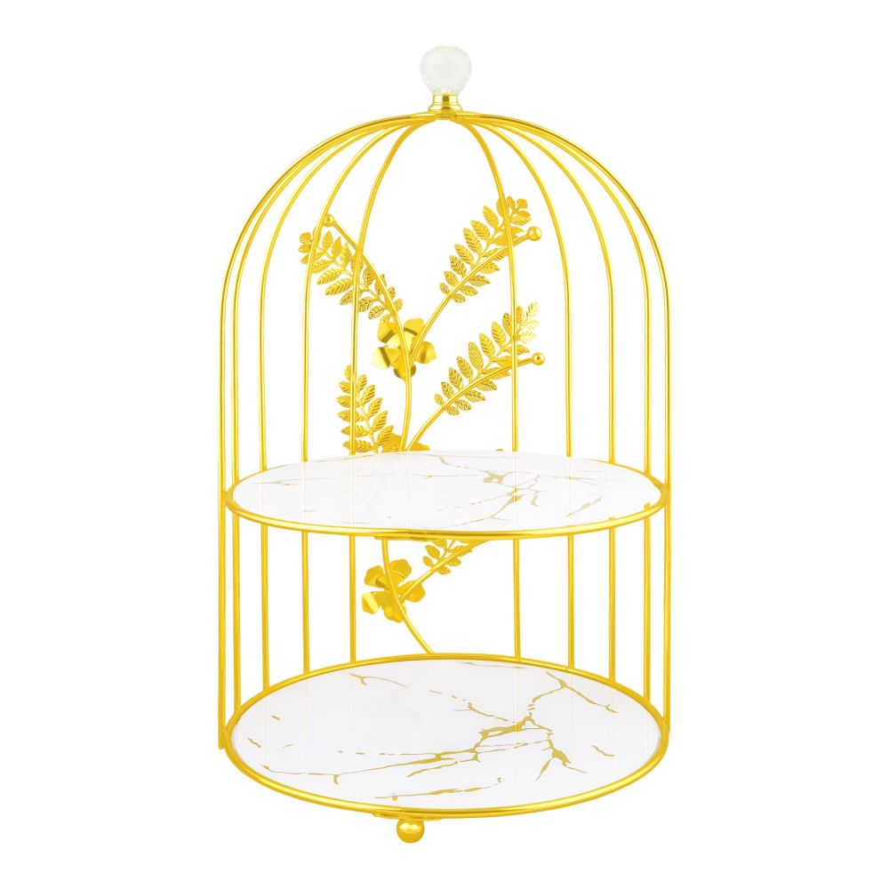 Bhoja 2-Tier Bird Cage Serving Tray, Decorative Dessert Stand for High Tea & Parties, White & Golden Marble, JWG-020 - Main Image