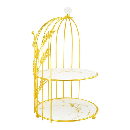 Bhoja 2-Tier Bird Cage Serving Tray, Decorative Dessert Stand for High Tea & Parties, White & Golden Marble, JWG-020 - Image 2