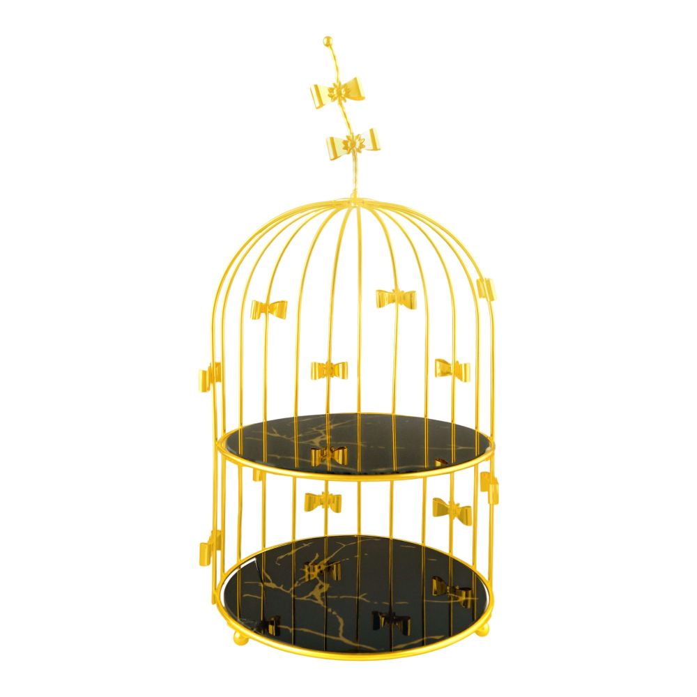 Bhoja 2-Tier Bird Cage Serving Tray, Decorative Dessert Stand for High Tea & Parties, Black & Golden Marble, JWG-018 - Main Image