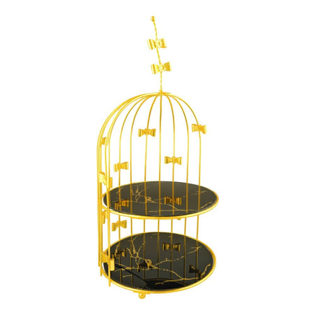 Bhoja 2-Tier Bird Cage Serving Tray, Decorative Dessert Stand for High Tea & Parties, Black & Golden Marble, JWG-018 - Image 2