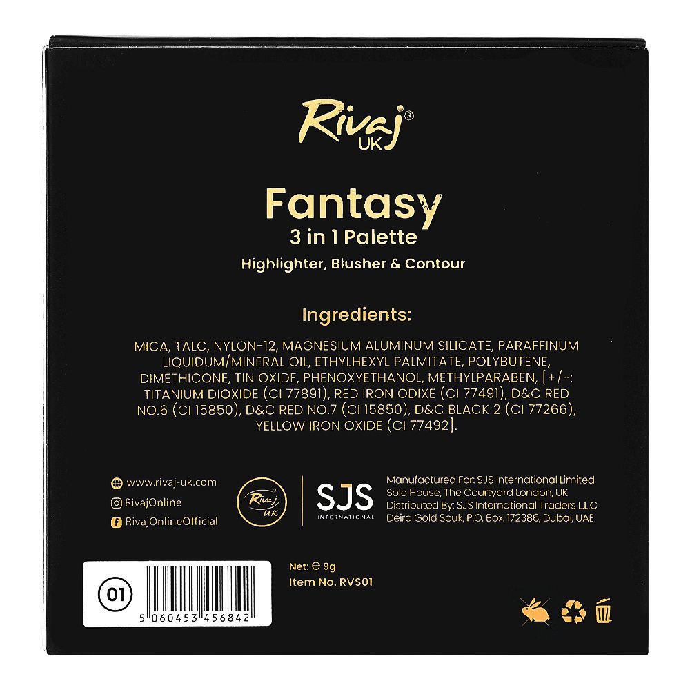 Rivaj UK Fantasy 3 In 1 Highlighter Blusher & Contour Palette, Long-Lasting, 01 - Image 3