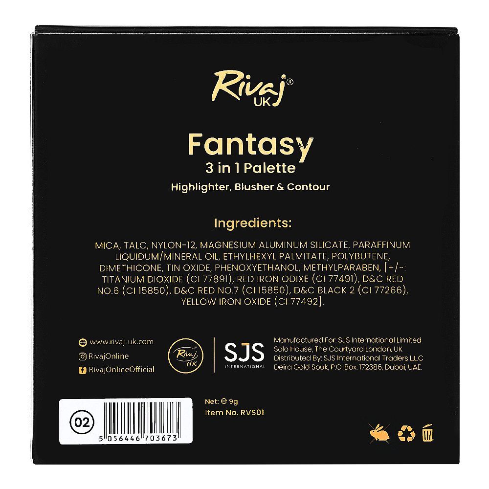 Rivaj UK Fantasy 3 In 1 Highlighter Blusher & Contour Palette, Long-Lasting, 02 - Image 3