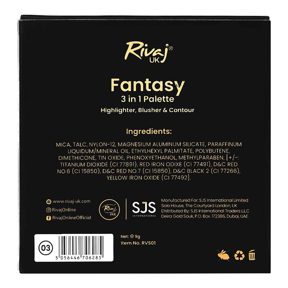 Rivaj UK Fantasy 3 In 1 Highlighter Blusher & Contour Palette, Long-Lasting, 03 - Image 3