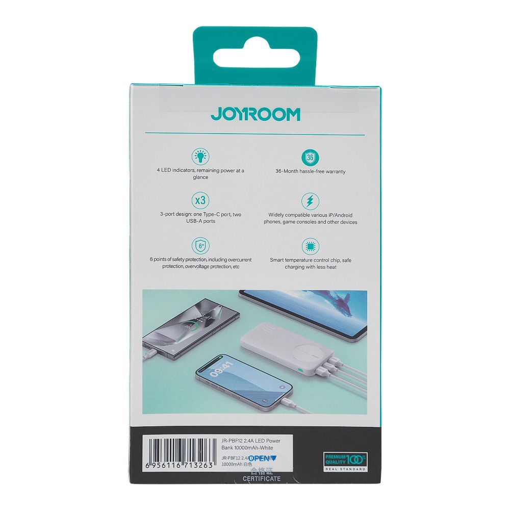 Joyroom 2.4A LED Power Bank, 10000mAh, White, JR-PBF12 - Image 3