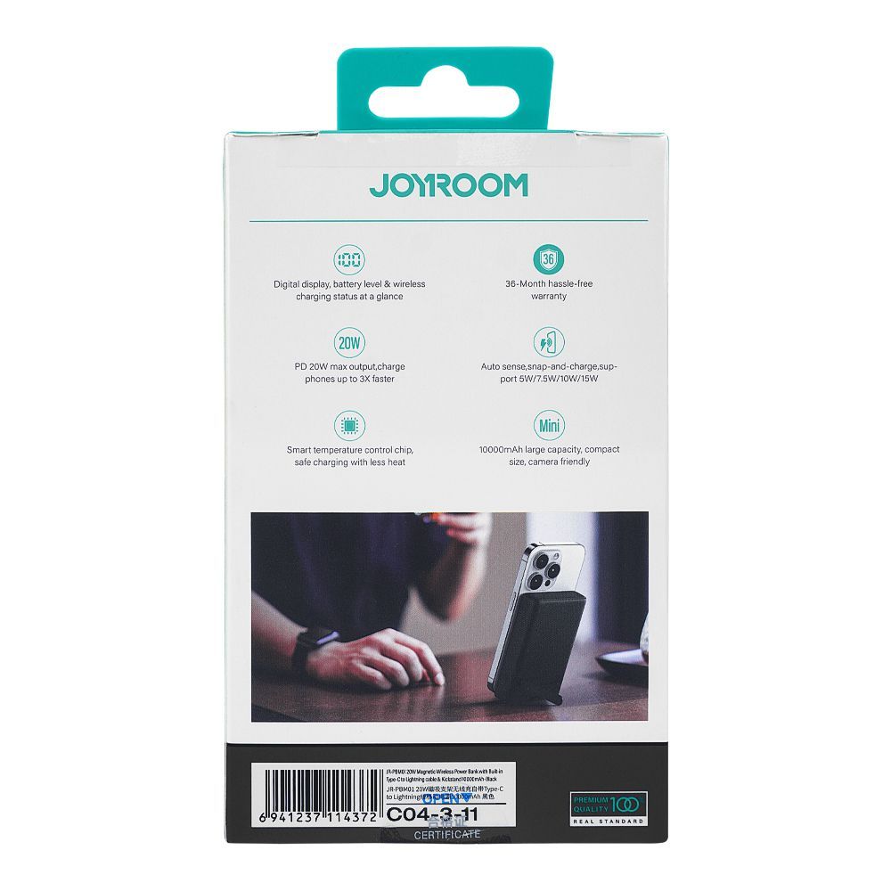 Joyroom 20W Magnetic Wireless Power Bank With Built-In Cable & Kickstand, 10000mAh, Black, JR-PBM01 - Image 3