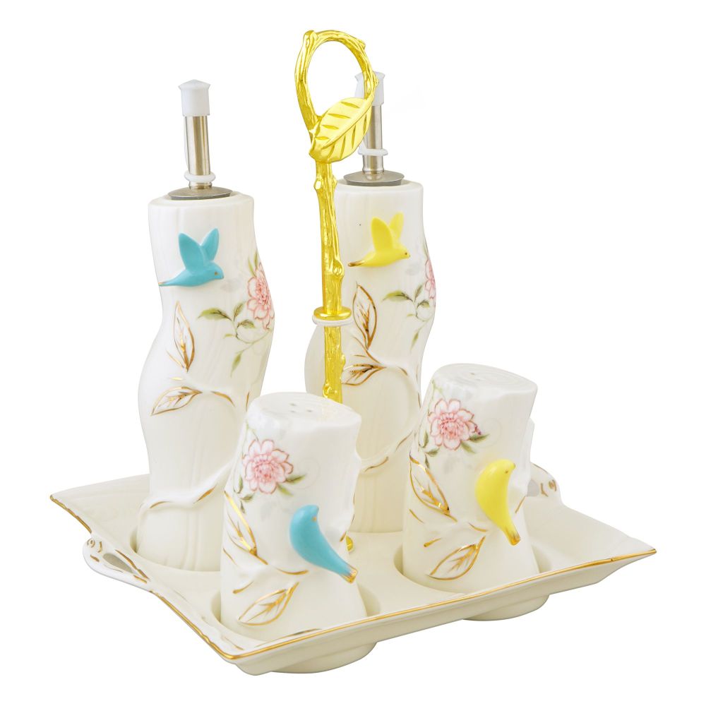 Angela Bird Spice Serving Set with Tray, Salt & Pepper Shakers (Namak Dani), Ketchup & Sauce Squeeze Bottle, 5-Pack, BRD315 - Main Image