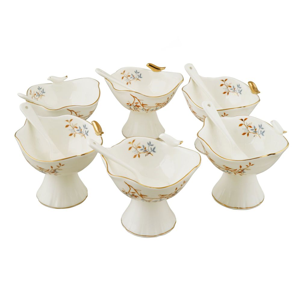 Angela Birds Ceramic Ice Cream Cups Set with Spoons, 12-Pack, BRD372 - Main Image