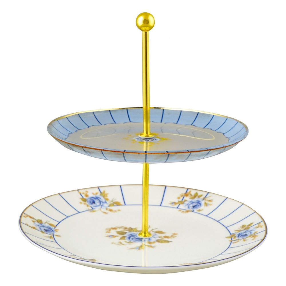 Angela 2-Tier Floral Round Cake Serving Stand, Ideal For Cupcakes, Pastries, Donuts & Desserts, Blue, MK189 - Main Image