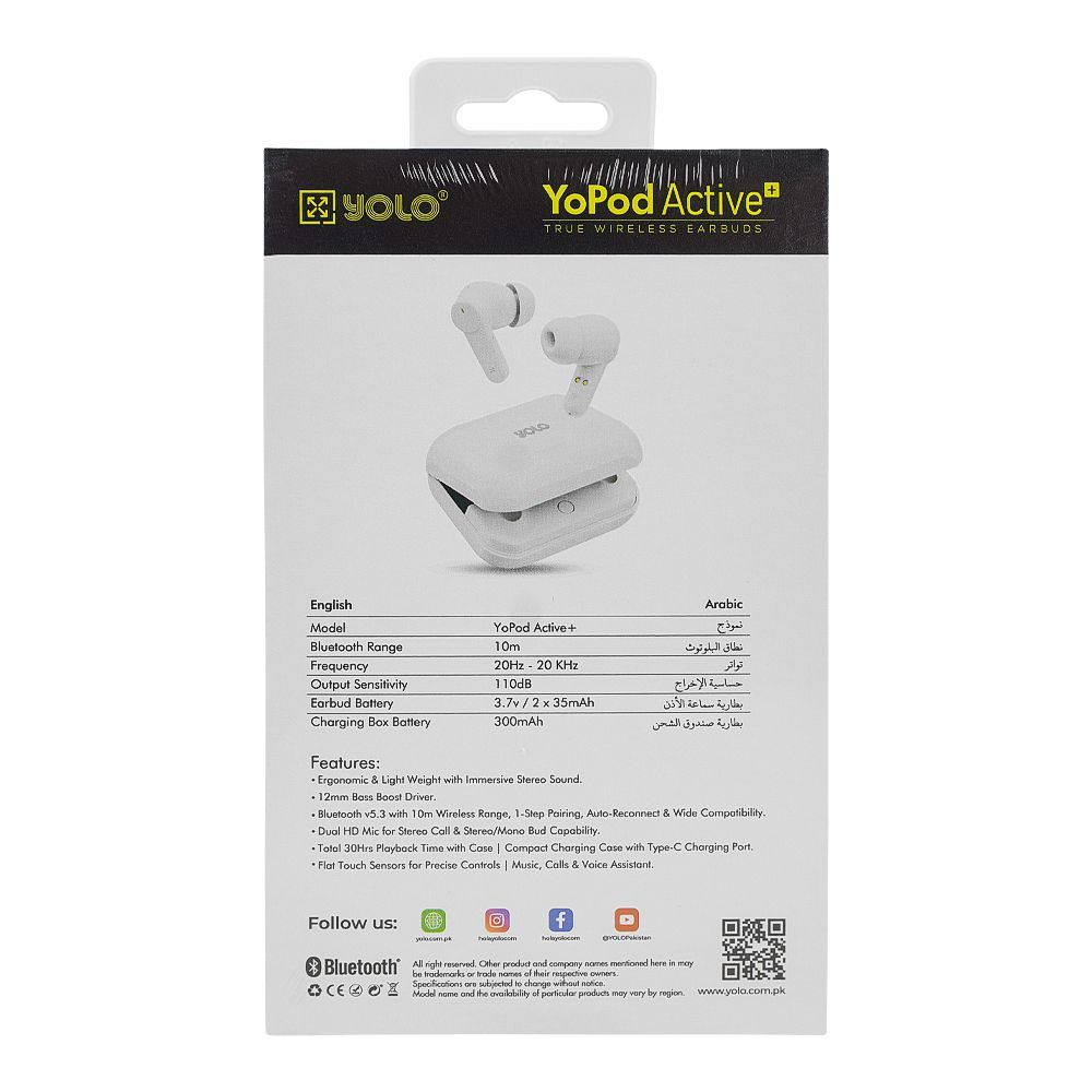 Yolo Yopod Active+ Wireless Earbuds, 30 Hours Total Playtime, IPX5 Water Resistant, White - Image 6