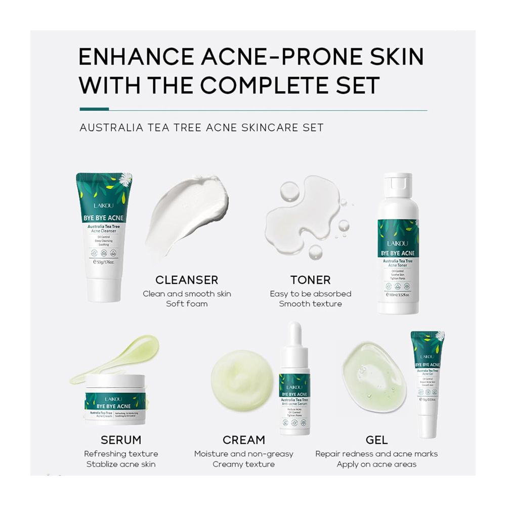 LAIKOU Tea Tree Anti-Acne Skincare Set With Cleanser, Toner, Serum, Cream, Gel, For All Skin Types, LK92993A - Image 3