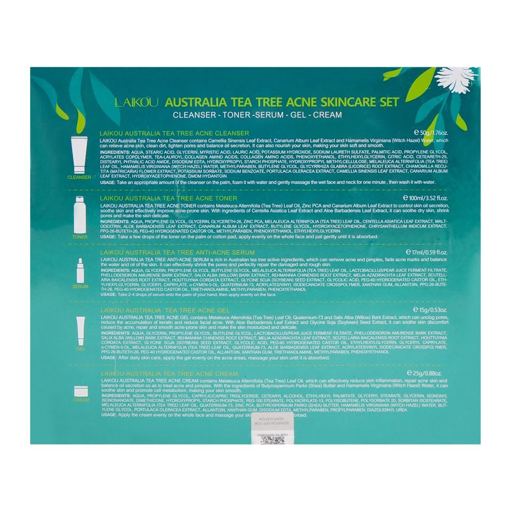 LAIKOU Tea Tree Anti-Acne Skincare Set With Cleanser, Toner, Serum, Cream, Gel, For All Skin Types, LK92993A - Image 6