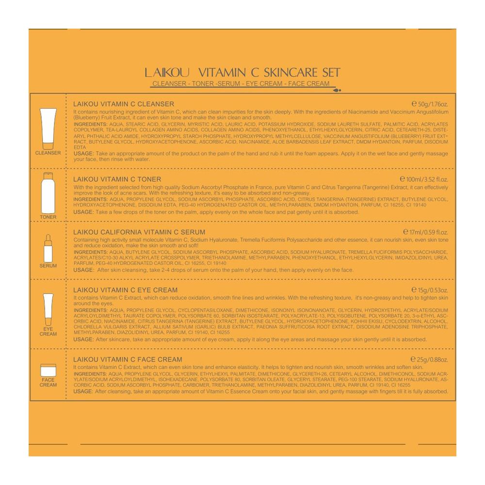 LAIKOU Vitamin-C Skincare Set With Cleanser, Toner, Serum, Eye and Face Cream, For All Skin Types, LK92245E - Image 8