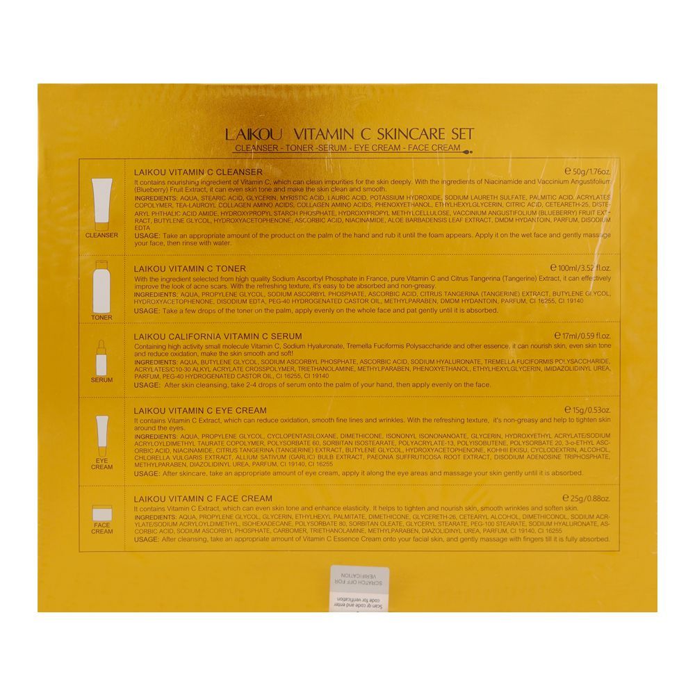 LAIKOU Vitamin-C Skincare Set With Cleanser, Toner, Serum, Eye and Face Cream, For All Skin Types, LK92245E - Image 6