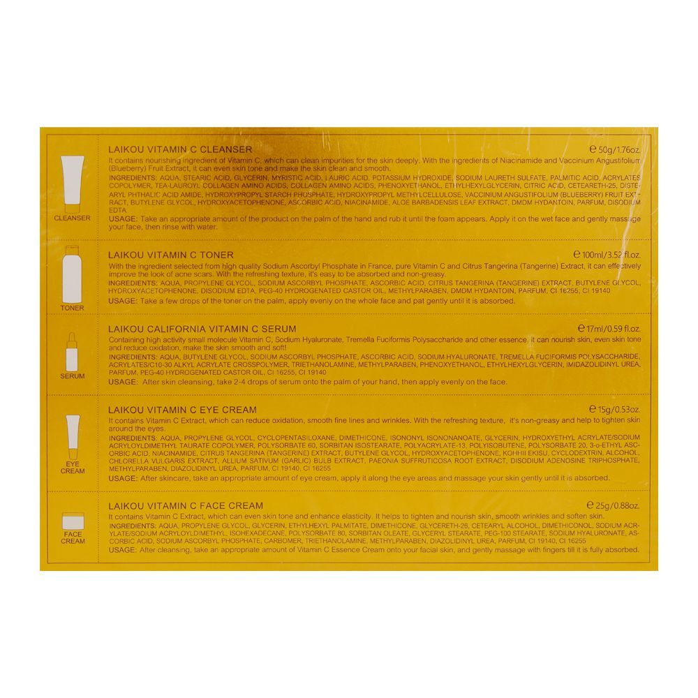 LAIKOU Vitamin-C Skincare Set With Cleanser, Toner, Serum, Eye and Face Cream, For All Skin Types, LK92245E - Image 7