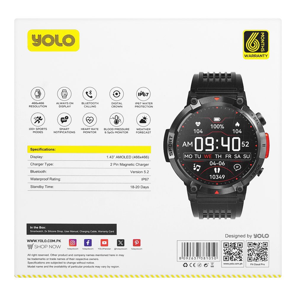 Yolo 1.43" Super Amoled Display Legend Smart Watch, IP67 Water Resistance, Black - Image 6