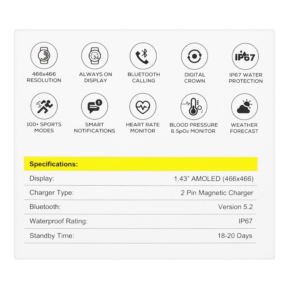 Yolo 1.43" Super Amoled Display Legend Smart Watch, IP67 Water Resistance, Black - Image 7