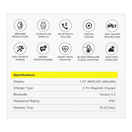 Yolo 1.43" Super Amoled Display Legend Smart Watch, IP67 Water Resistance, Black - Image 7