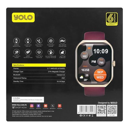 Yolo 2.1" Amoled Display Supreme+ Smart Watch, IP67 Water Resistance, Gold, Maroon Strap - Image 5
