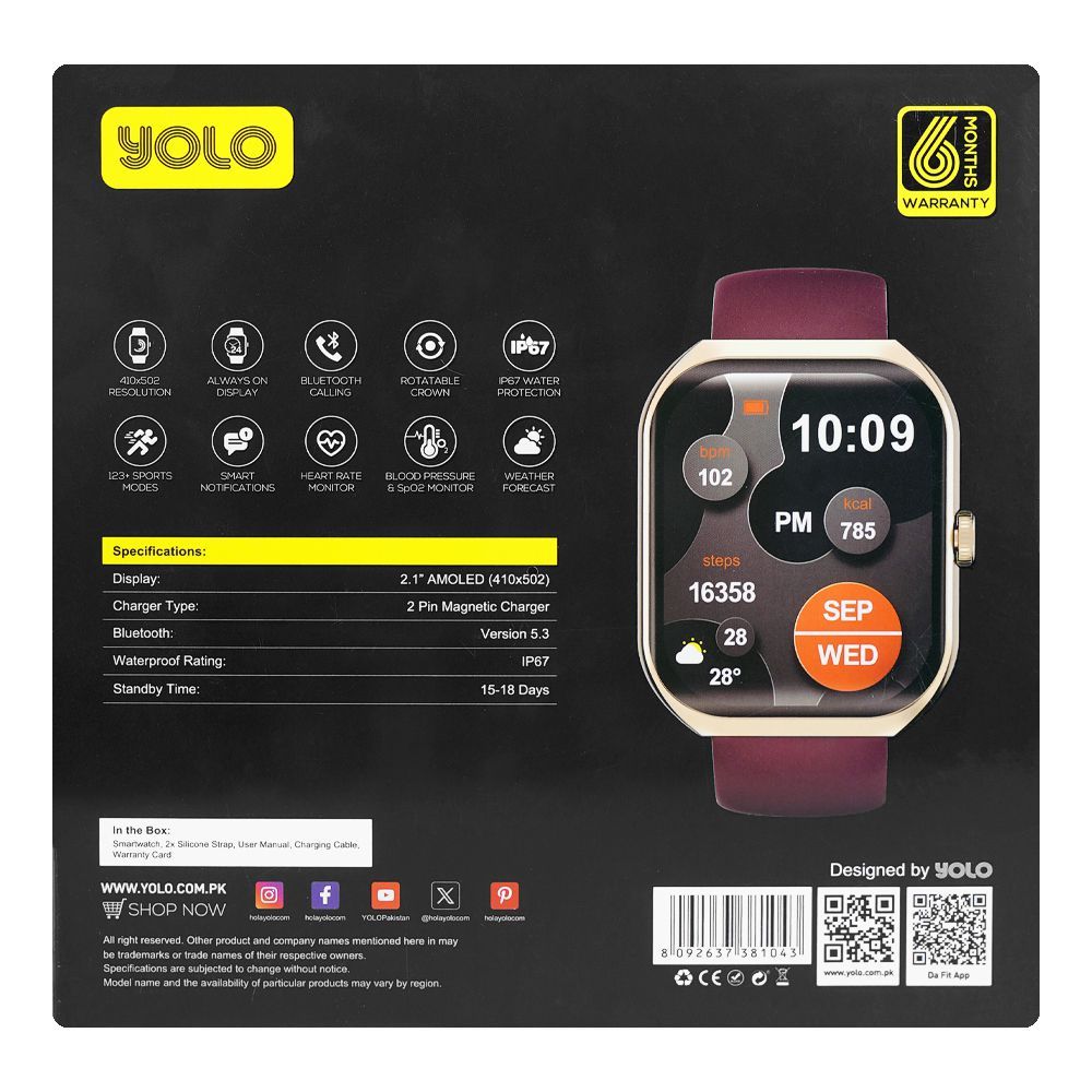 Yolo 2.1" Amoled Display Supreme+ Smart Watch, IP67 Water Resistance, Gold, Maroon Strap - Image 5