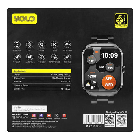 Yolo 2.1" Amoled Display Supreme+ Smart Watch, IP67 Water Resistance, Black - Image 4